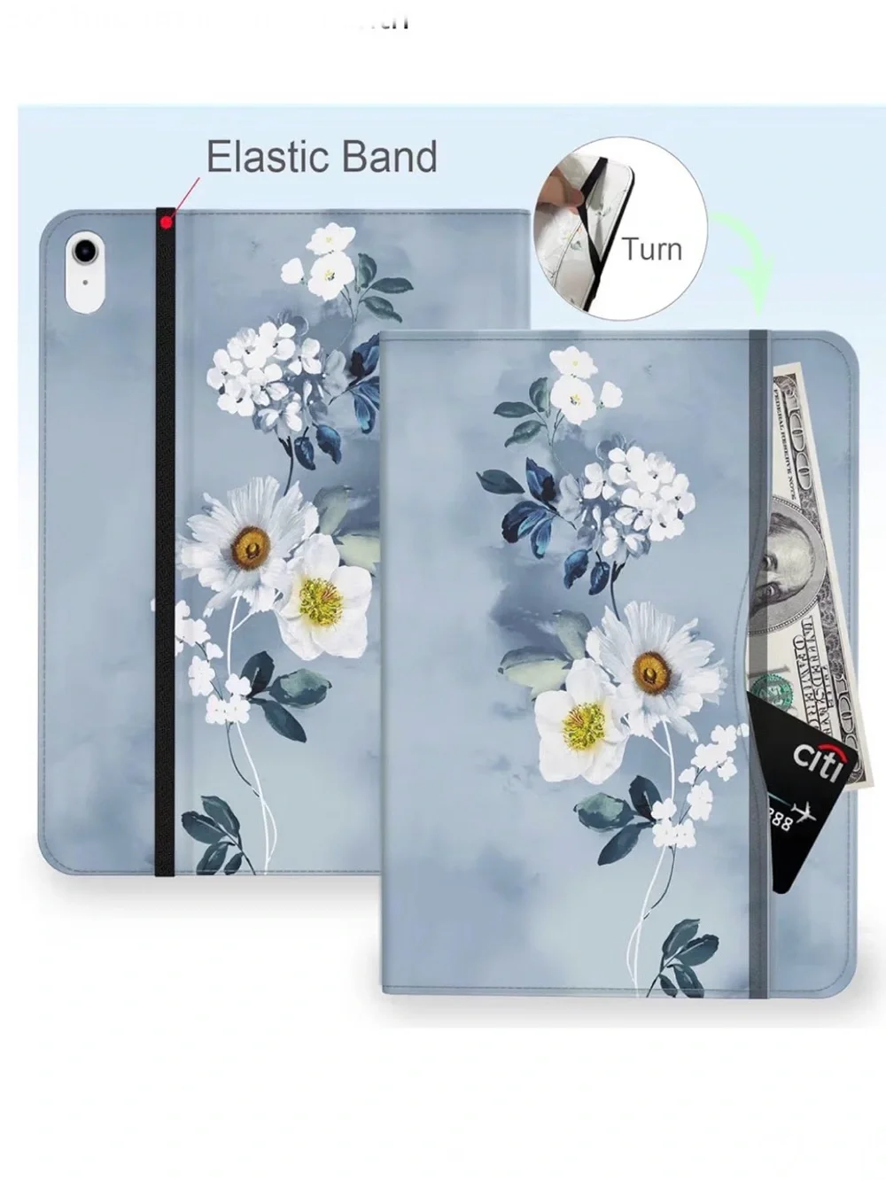 Blue Floral🪻iPad📱Cover w Flip Stand Auto Sleep💤& Pencil🖊️Holder + Pocket